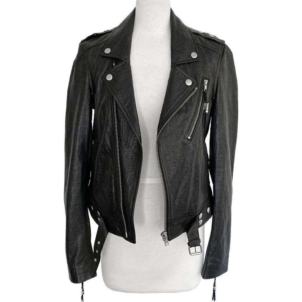 BLK DNM Embossed Calf Leather Motorcycle Biker Belted Jacket-‎ Size S